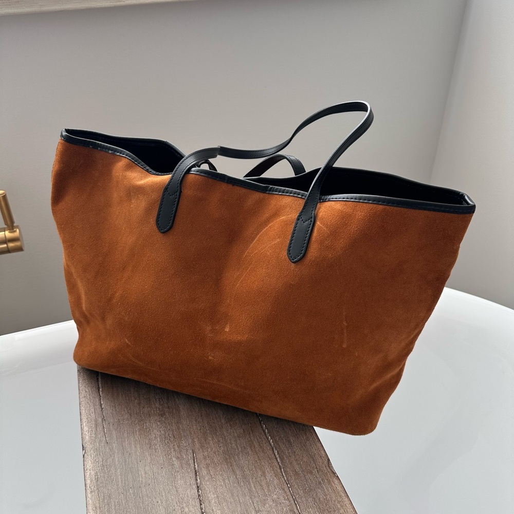 Dark Camel Brown Suede Tote Bag with Black Handles